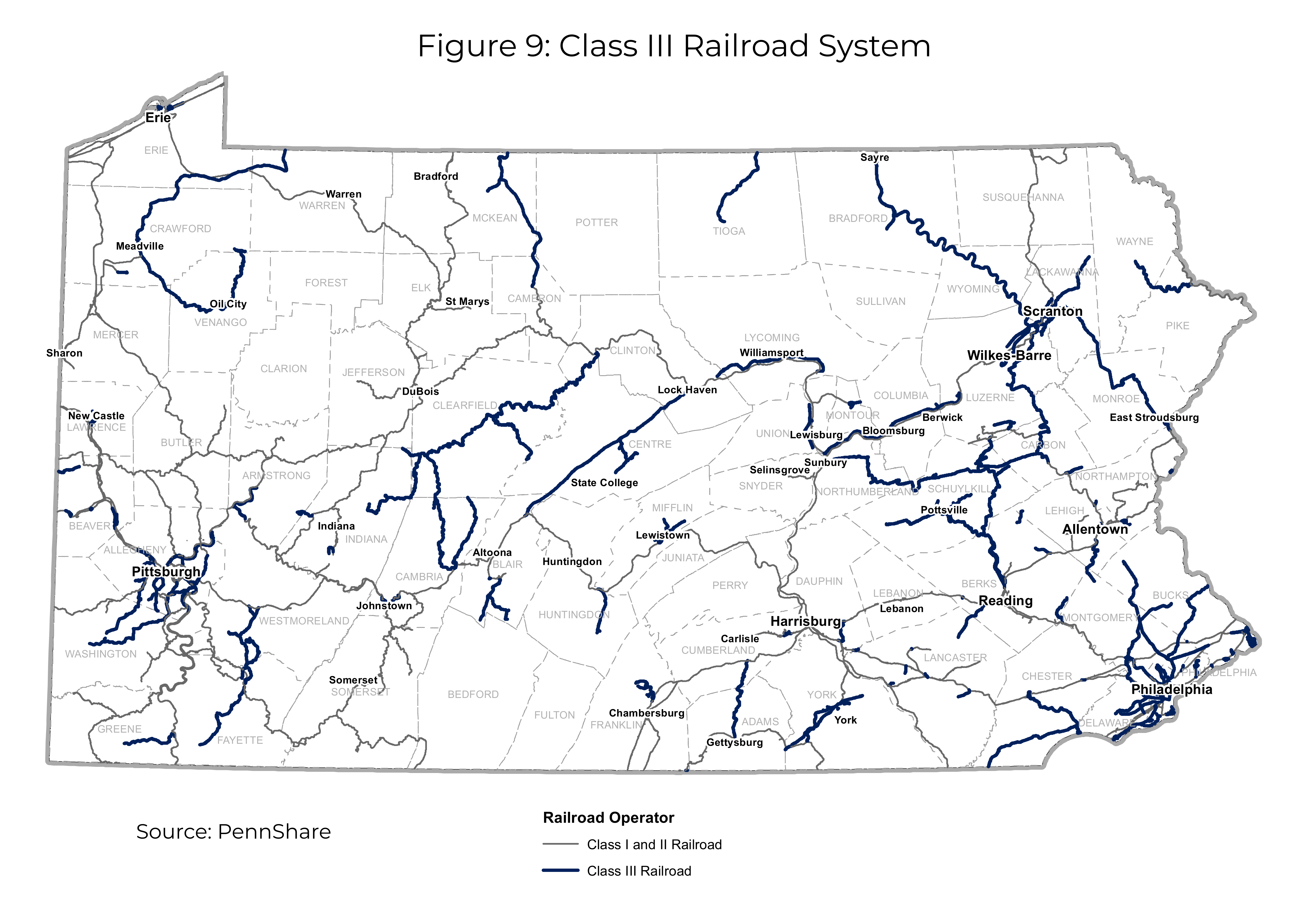 Figure 9 is a state map of Pennsylvania illustrating the state’s Class 3, or short line, railroad network in thick, dark blue lines.
